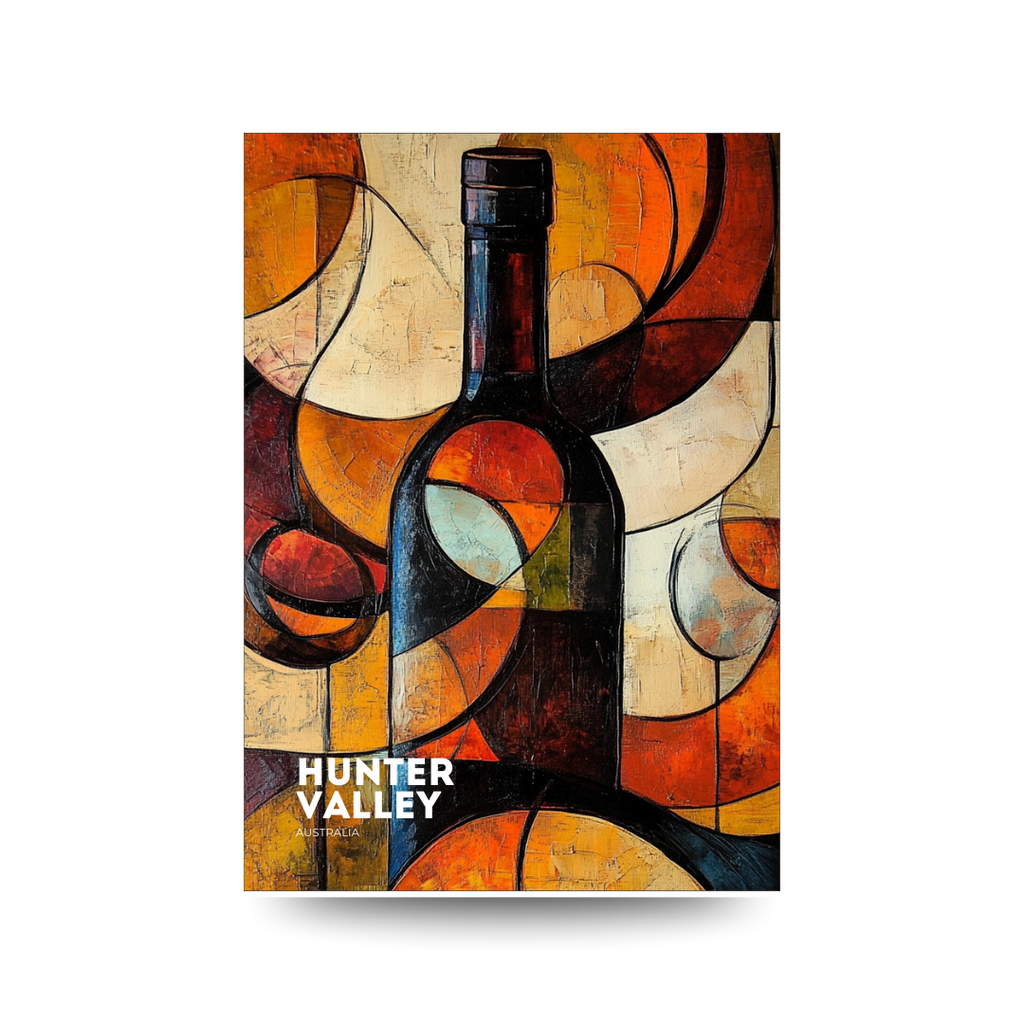 Abstract art print of a bottle with 'Hunter Valley' branding on a white background