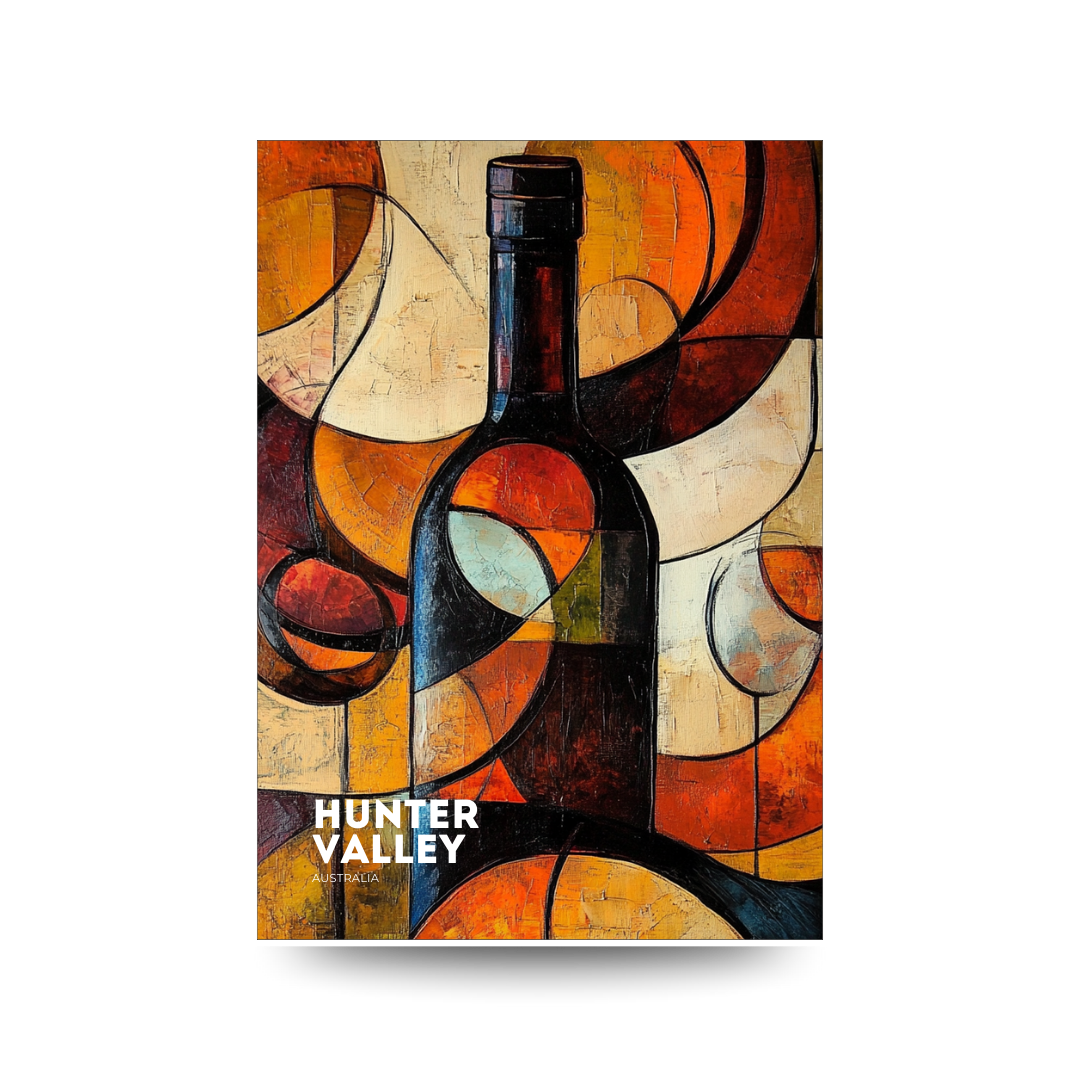 Abstract art print of a bottle with 'Hunter Valley' branding on a white background