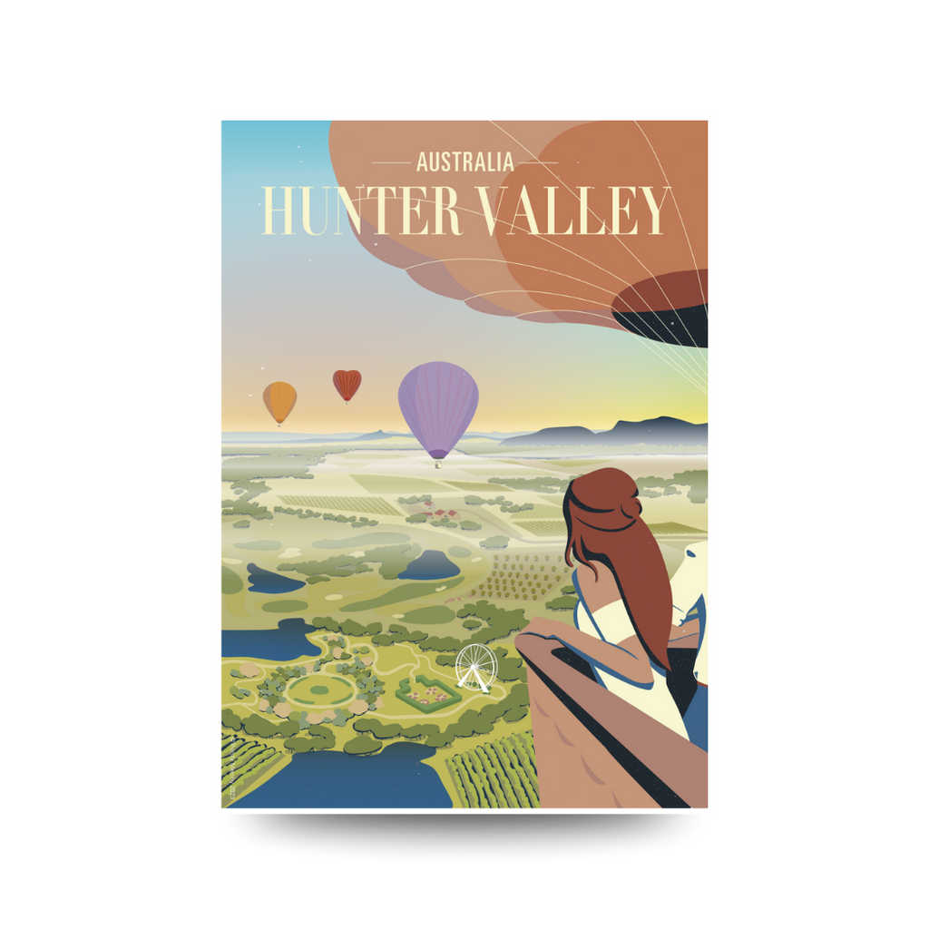 Illustration of a scenic view of Hunter Valley with hot air balloons and a person looking through binoculars.