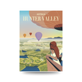 Illustration of a scenic view of Hunter Valley with hot air balloons and a person looking through binoculars.