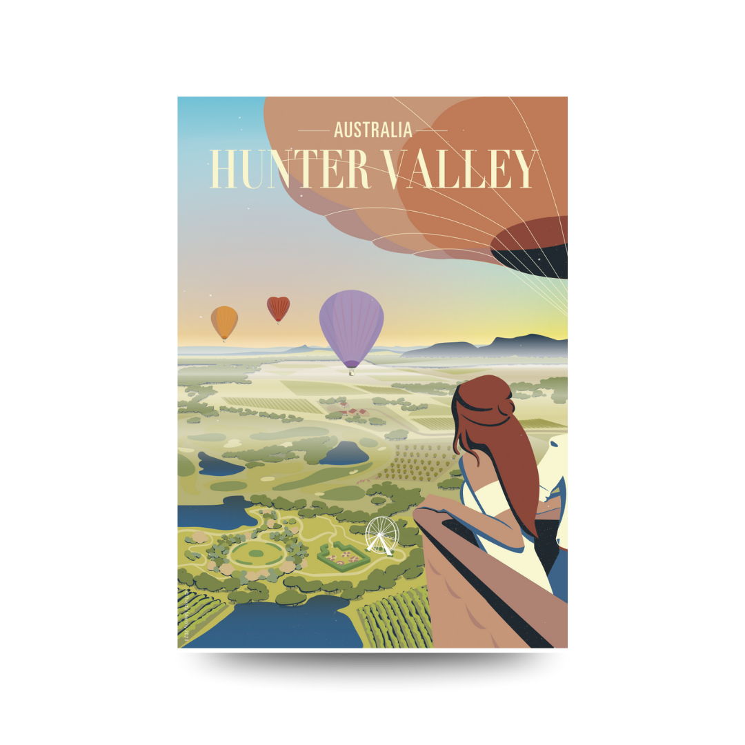 Illustration of a scenic view of Hunter Valley with hot air balloons and a person looking through binoculars.