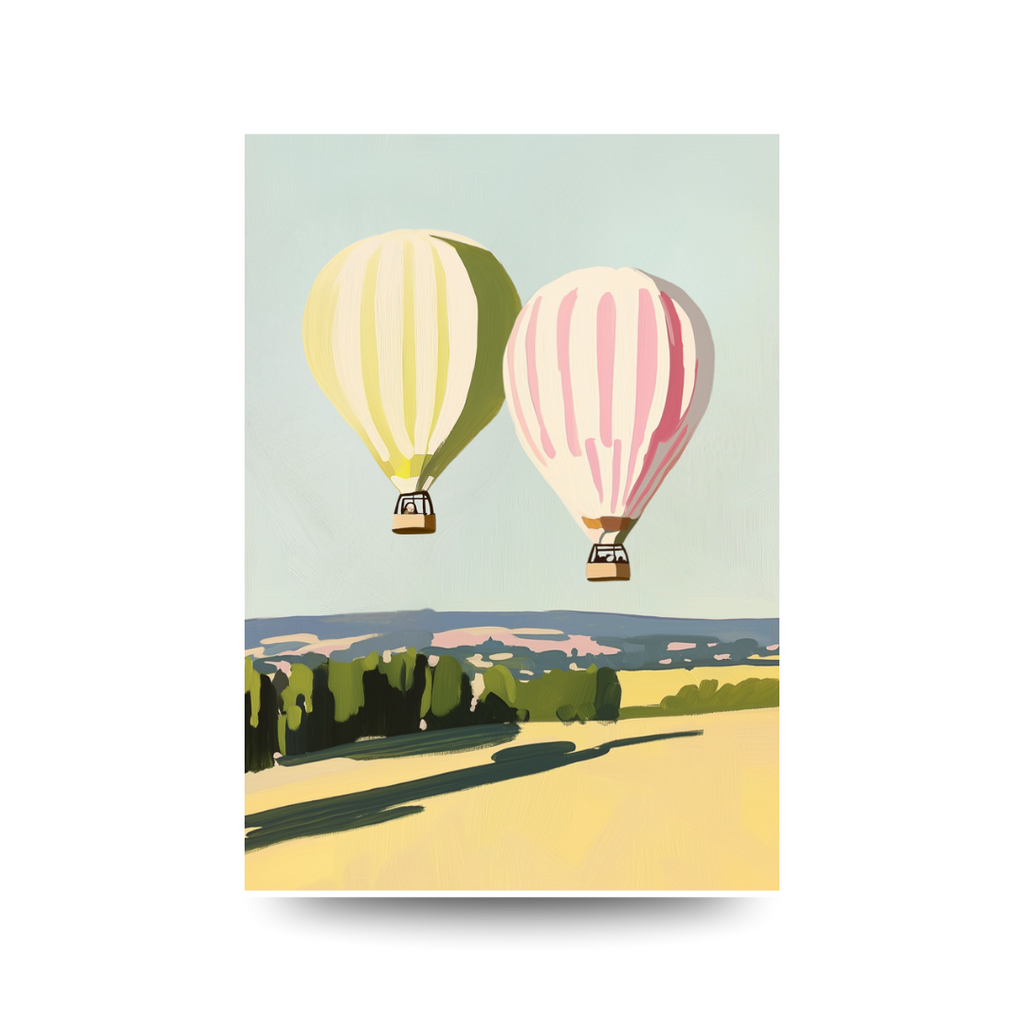 Illustration of two hot air balloons flying over a landscape with trees and a field.