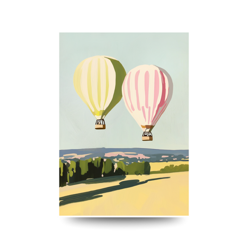 Illustration of two hot air balloons flying over a landscape with trees and a field.