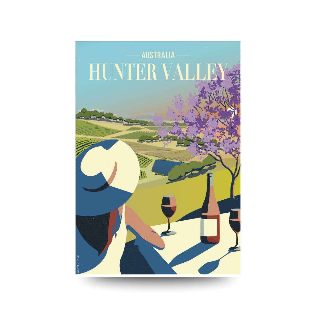 Poster of Australia's Hunter Valley with a woman enjoying wine in a scenic setting.