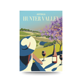 Poster of Australia's Hunter Valley with a woman enjoying wine in a scenic setting.