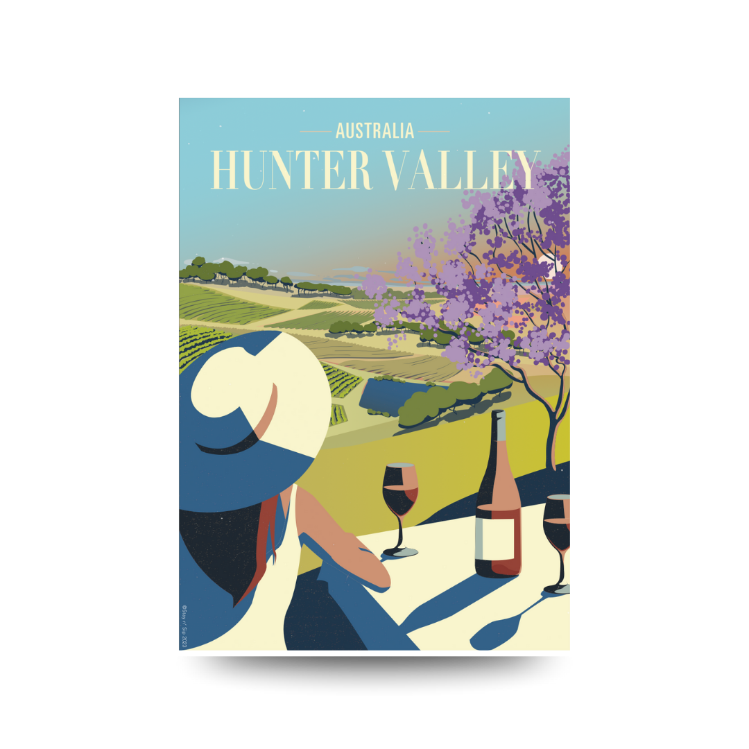Poster of Australia's Hunter Valley with a woman enjoying wine in a scenic setting.