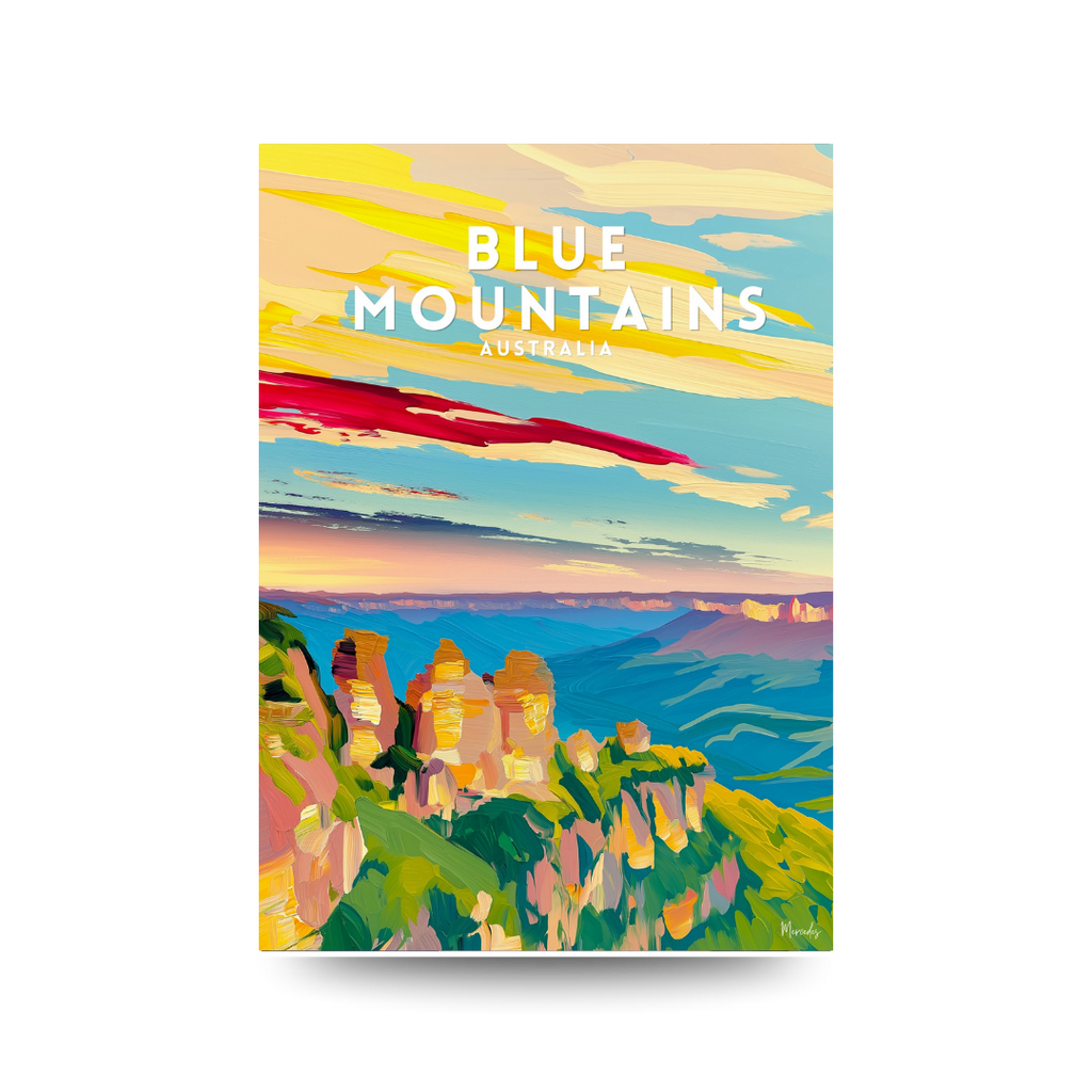 Illustrated travel poster of the Three Sisters rock formation overlooking a vast blue valley at sunset, text reads "BLUE MOUNTAINS AUSTRALIA".
