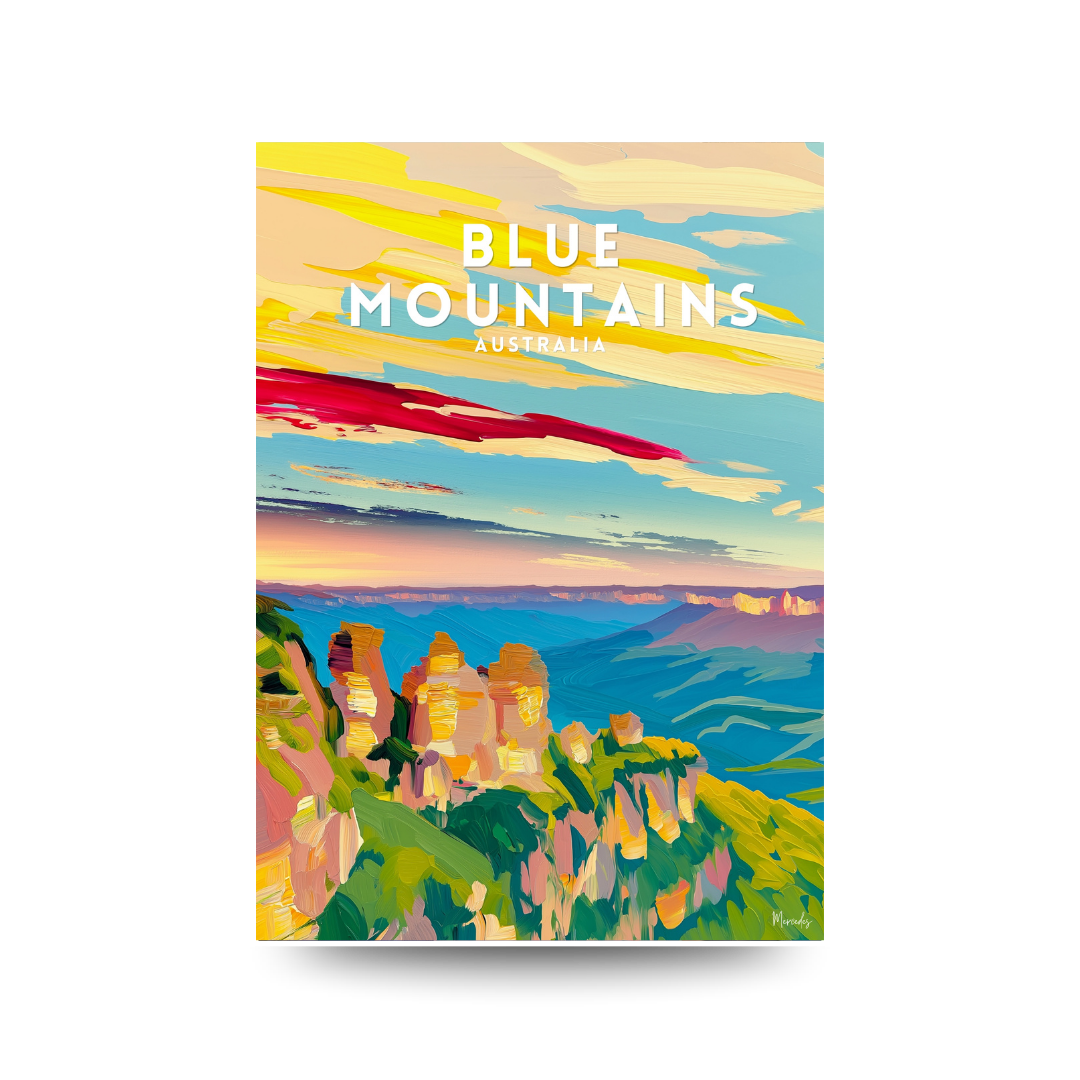 Illustrated travel poster of the Three Sisters rock formation overlooking a vast blue valley at sunset, text reads "BLUE MOUNTAINS AUSTRALIA".