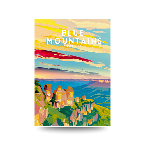 Illustrated travel poster of the Three Sisters rock formation overlooking a vast blue valley at sunset, text reads "BLUE MOUNTAINS AUSTRALIA".
