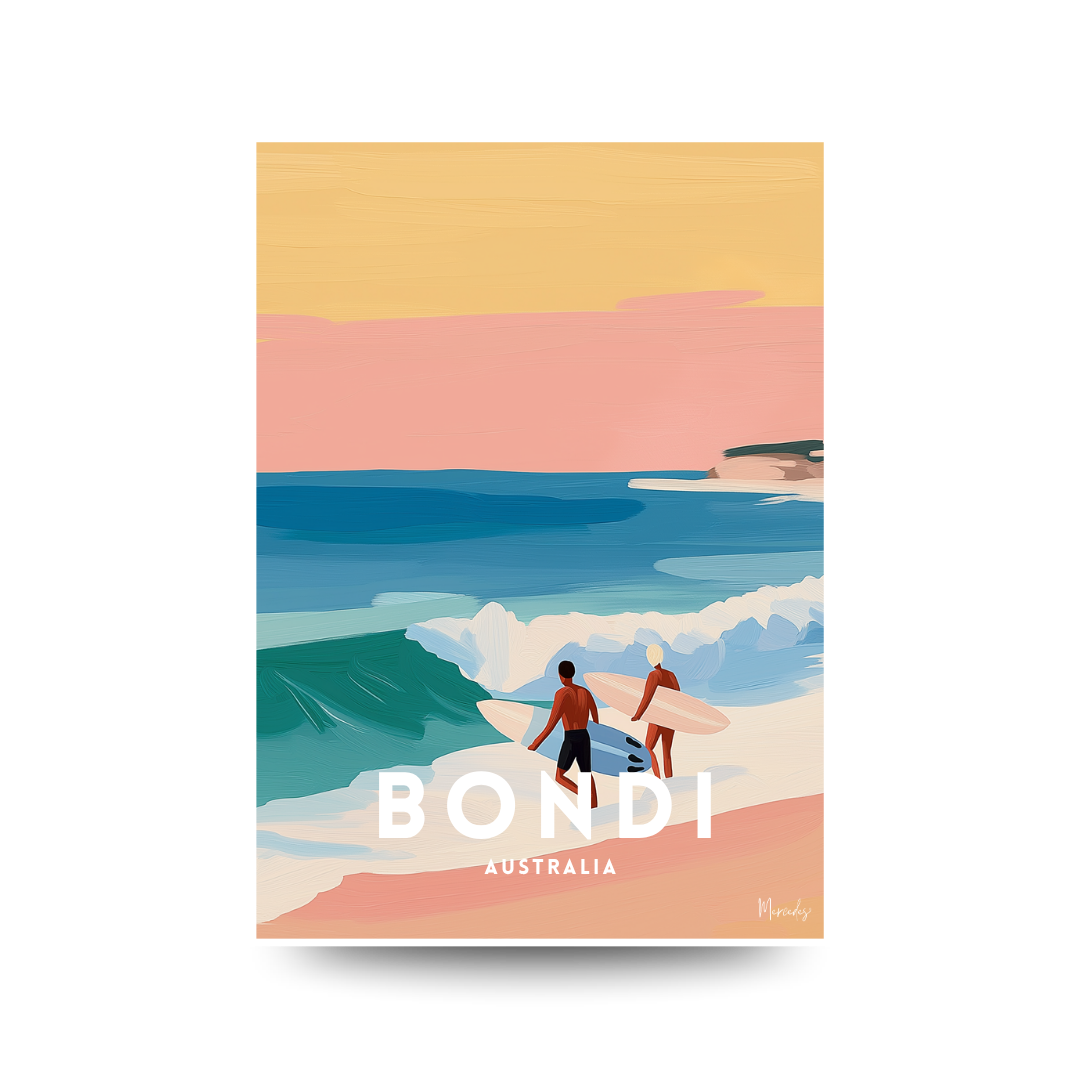 Illustrated travel poster of two surfers with boards entering the surf at sunset with a warm yellow and pink sky, text reads "BONDI AUSTRALIA".