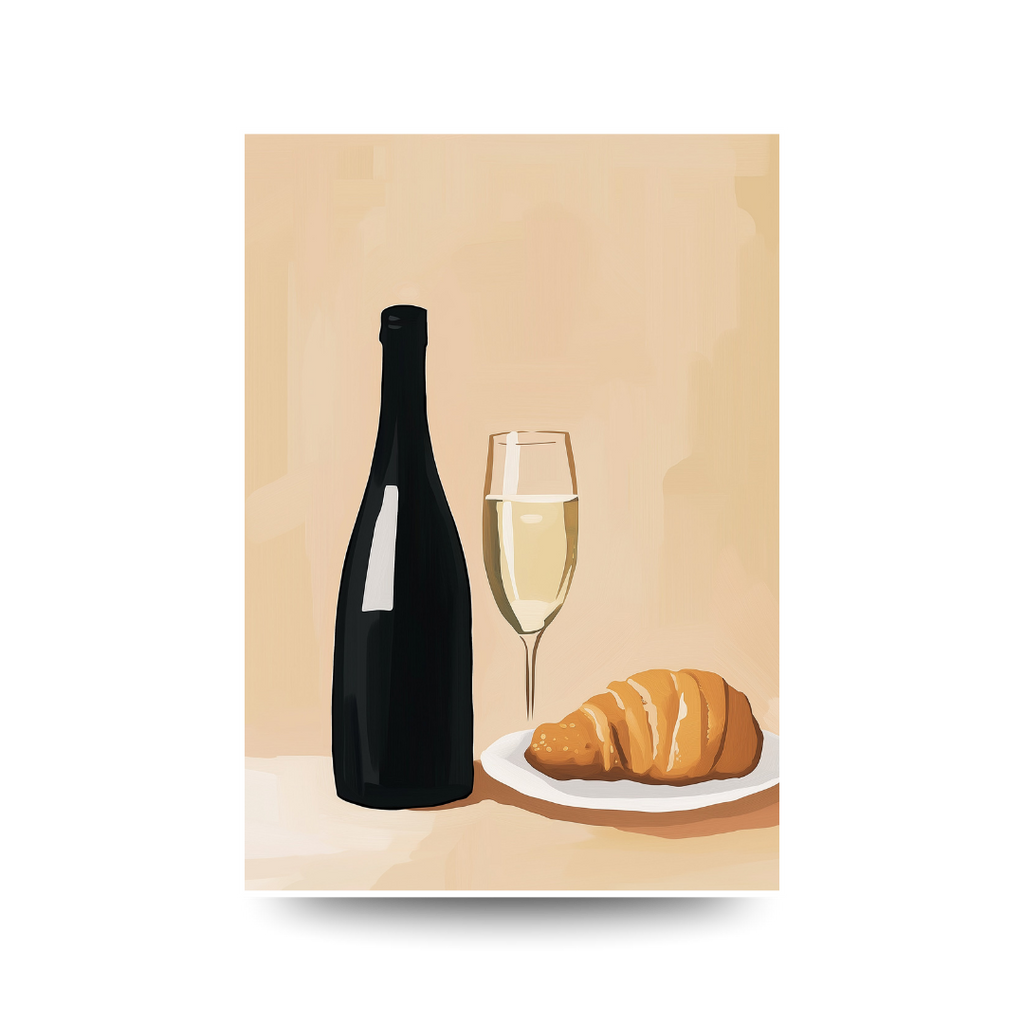 Illustration of a bottle, glass, and croissant on a beige background