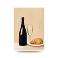 Illustration of a bottle, glass, and croissant on a beige background