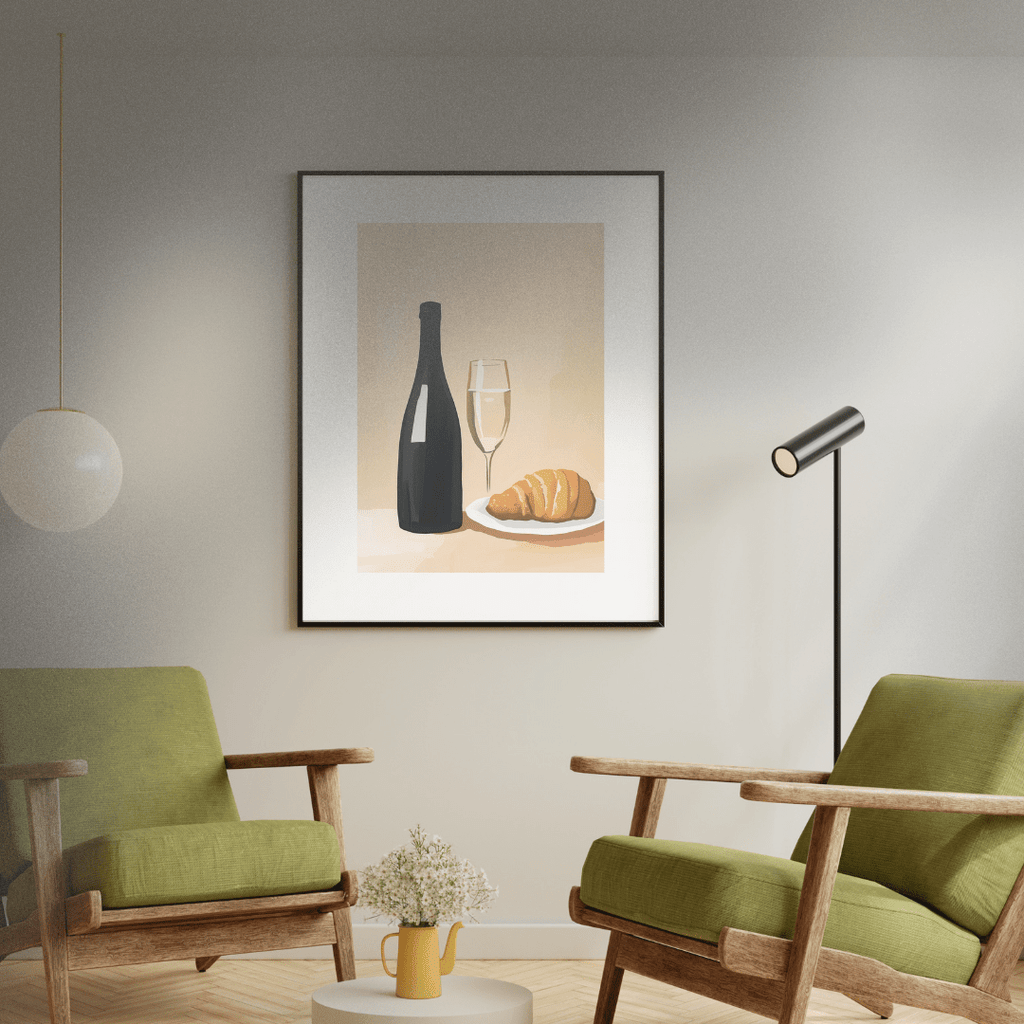 Modern living room with green chairs, a small table, and a framed artwork of champagne and a croissant on the wall.