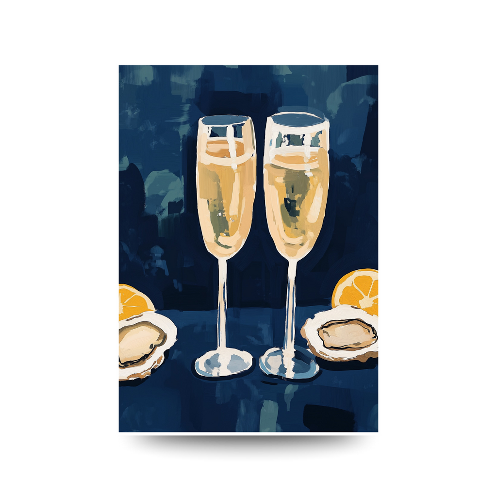 Two champagne glasses with lemon slices and oysters on a blue background