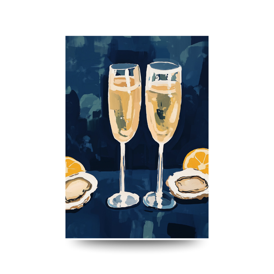 Two champagne glasses with lemon slices and oysters on a blue background