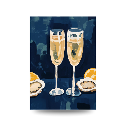 Two champagne glasses with lemon slices and oysters on a blue background