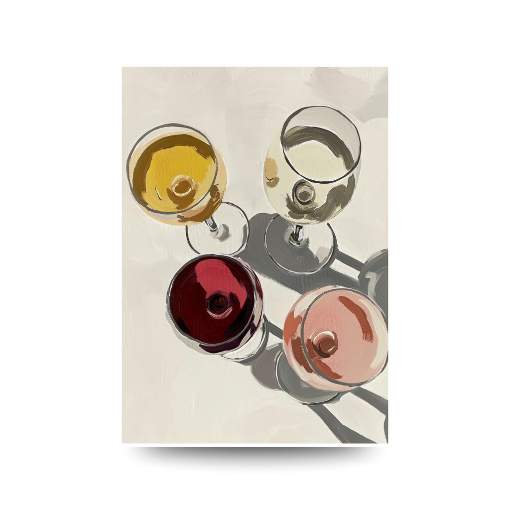 Four wine glasses with different colored liquids on a beige background