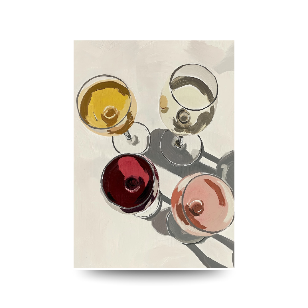 Four wine glasses with different colored liquids on a beige background