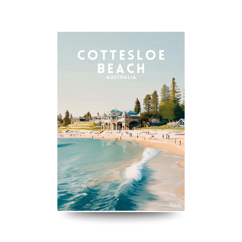  Illustrated travel poster of Cottesloe Beach with waves, sandy shore, the Indiana Tea House building and Norfolk pines, text reads "COTTESLOE BEACH AUSTRALIA".