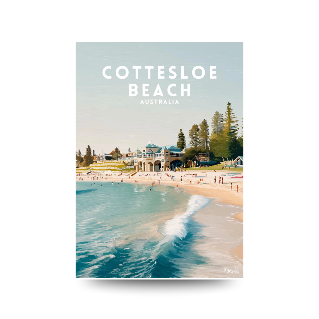  Illustrated travel poster of Cottesloe Beach with waves, sandy shore, the Indiana Tea House building and Norfolk pines, text reads "COTTESLOE BEACH AUSTRALIA".