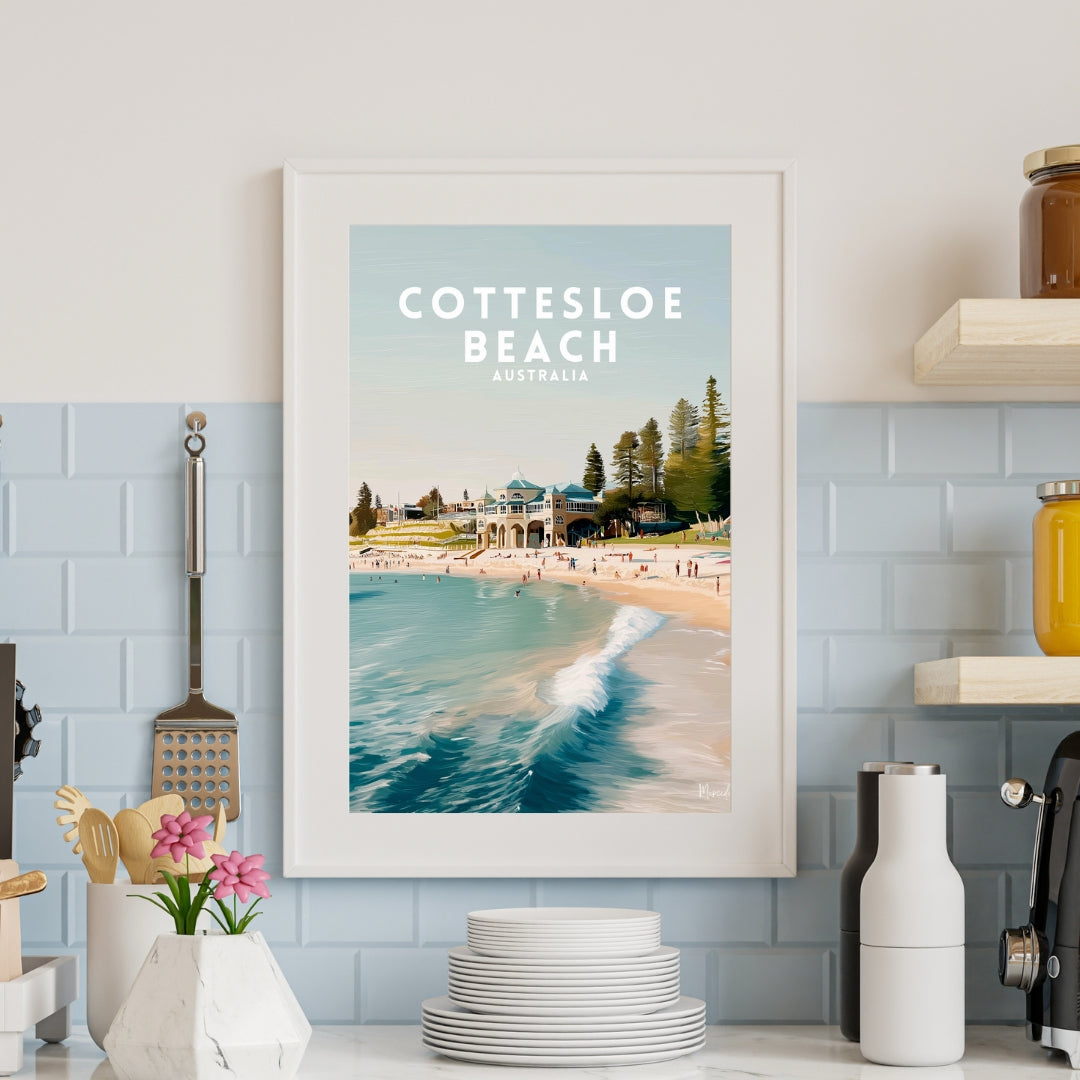 Framed artwork of Cottesloe Beach in Australia on a kitchen wall.