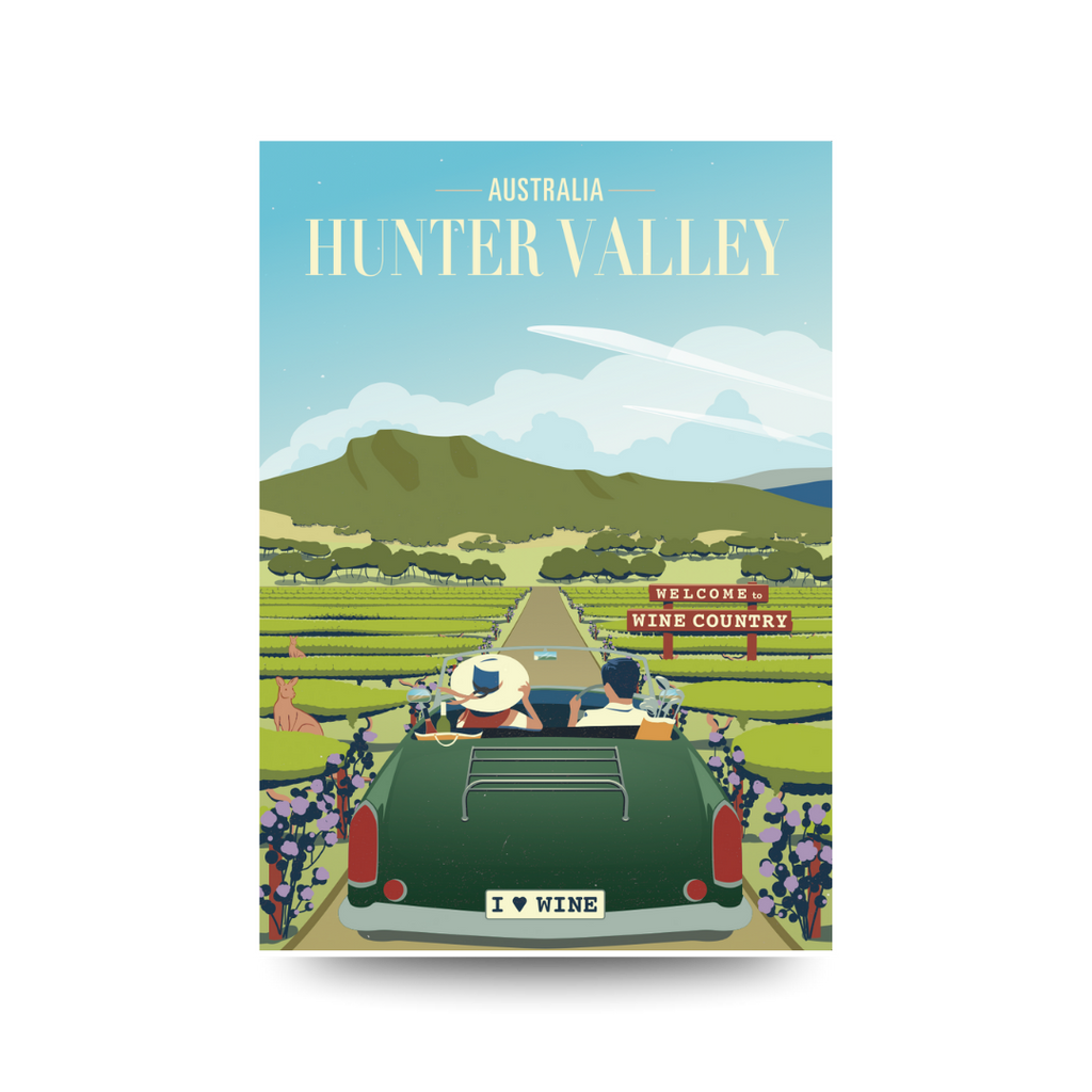 Illustration of a car with 'I ❤️ WINE' license plate, scenic vineyard road, and 'Welcome to Wine Country' sign