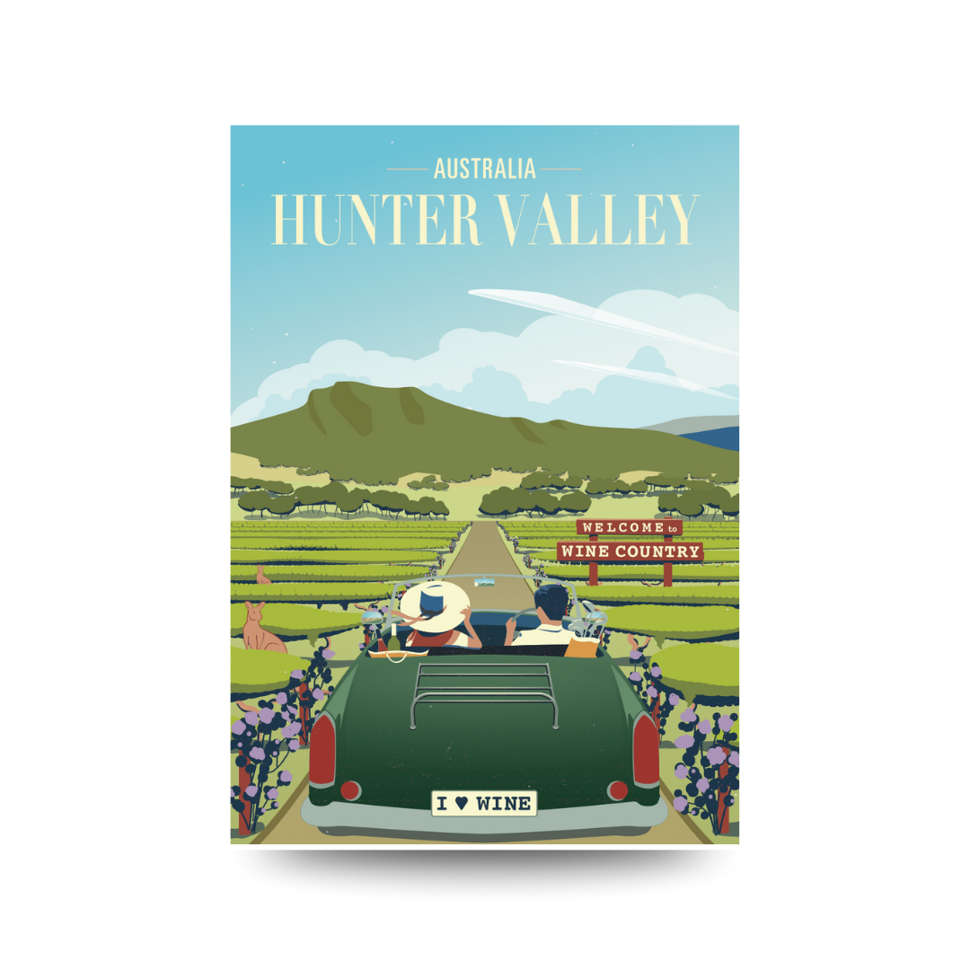Illustration of a car with 'I ❤️ WINE' license plate, scenic vineyard road, and 'Welcome to Wine Country' sign