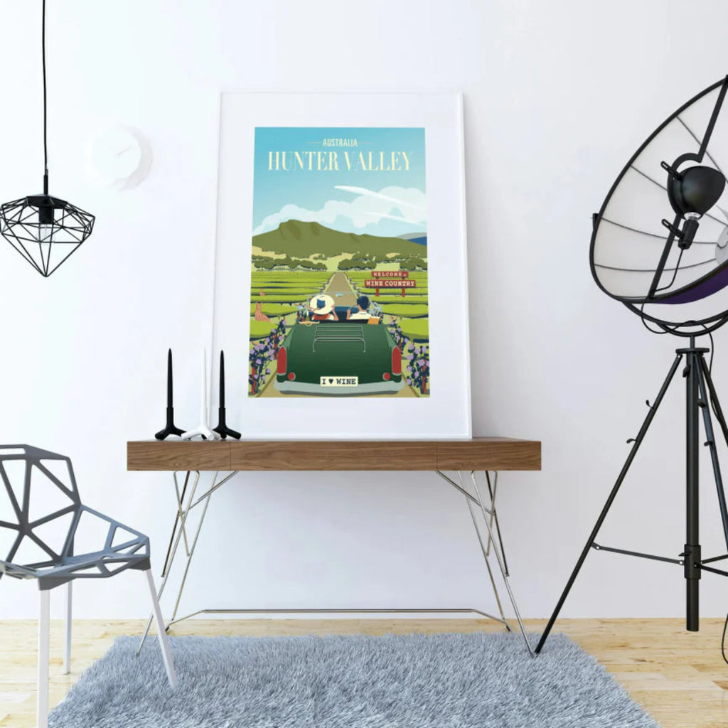 Illustrated Hunter Valley poster featuring a scenic drive through wine country