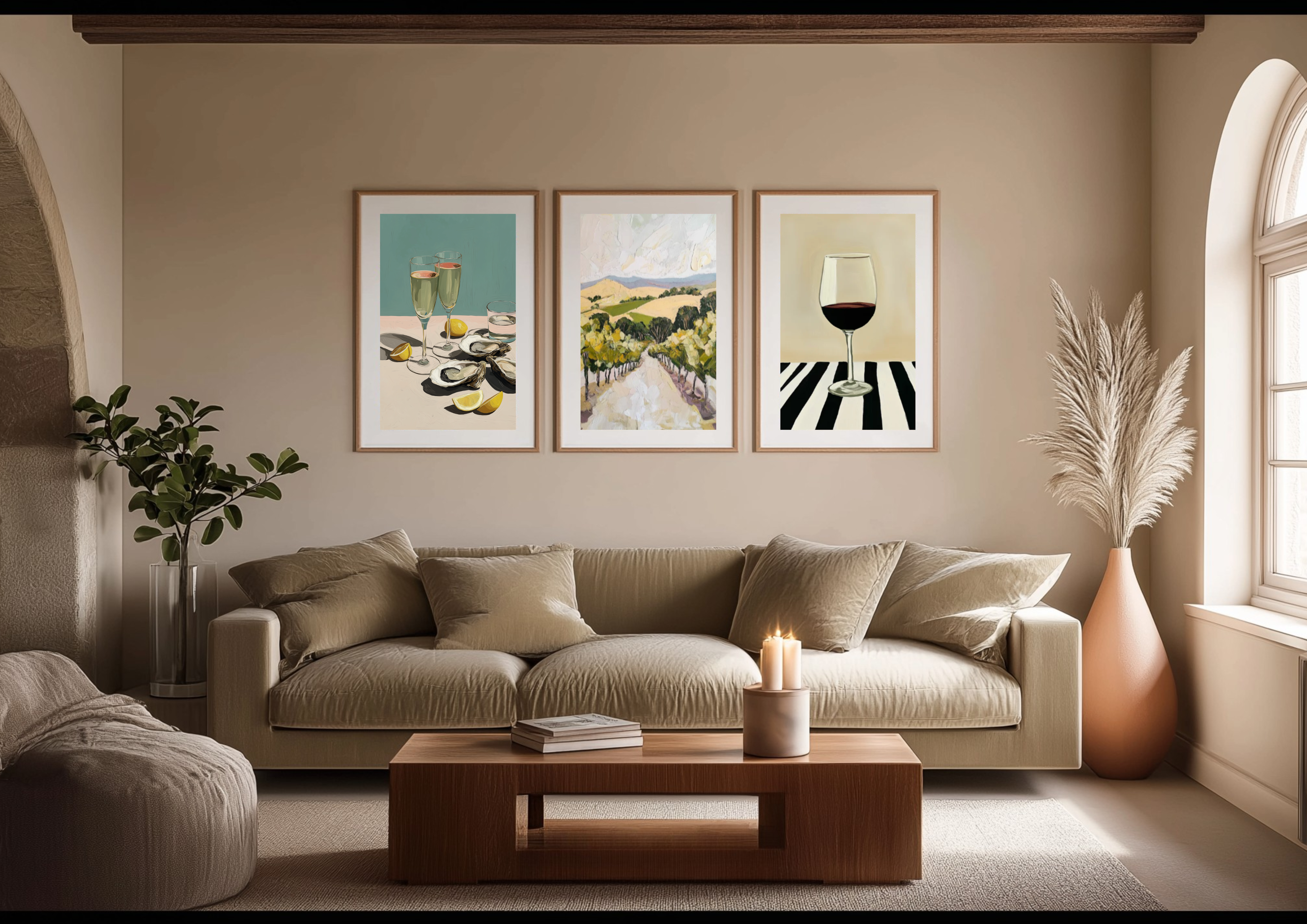 poster of champagne and oyster and lemon with a light blue and beige back ground. A vineyard view with japandi colors. A glass of red wine poster with black and white straps table. 