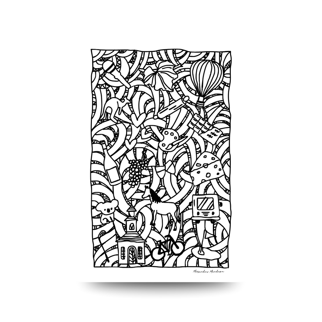 Black and white design of little doodles and ribbons
