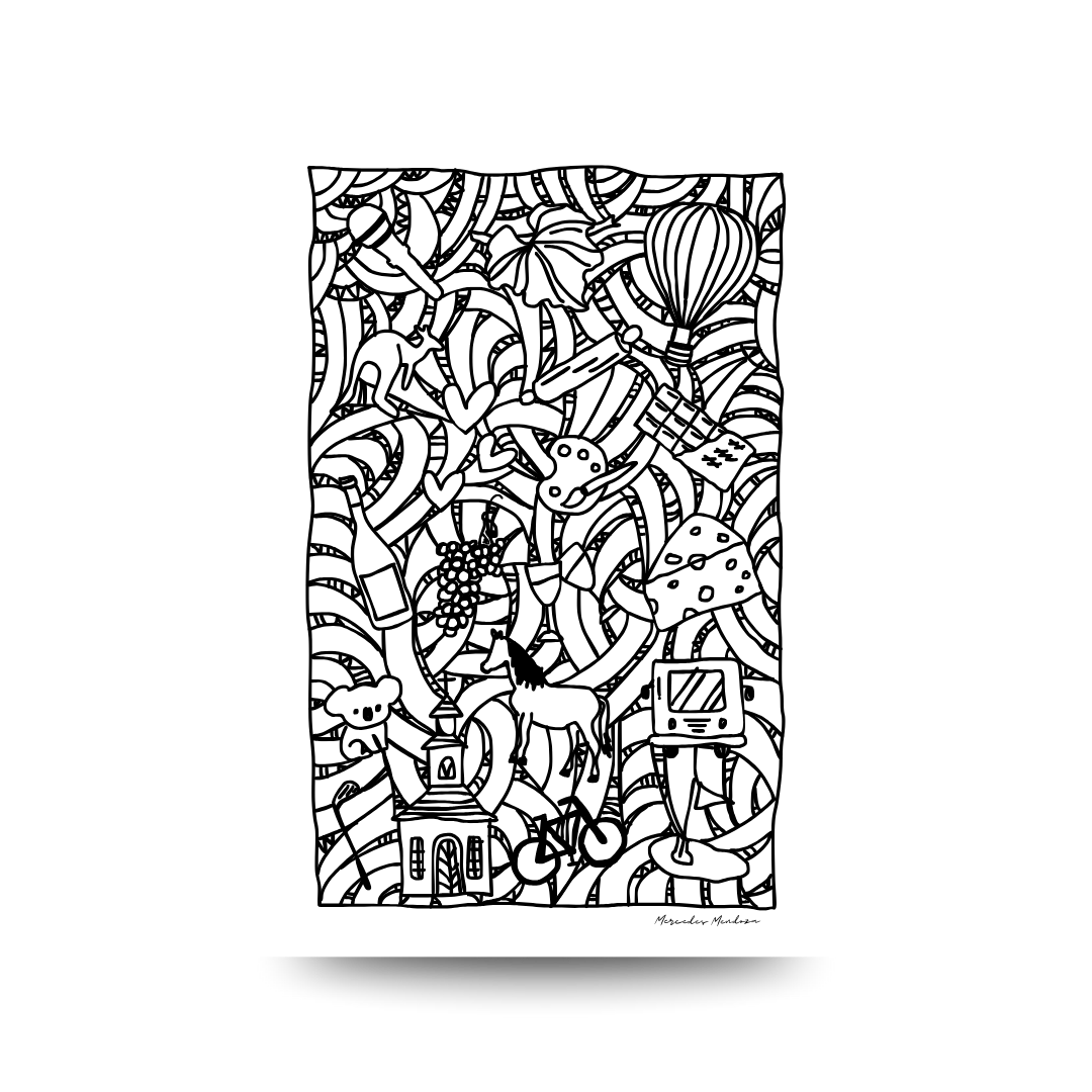 Black and white design of little doodles and ribbons