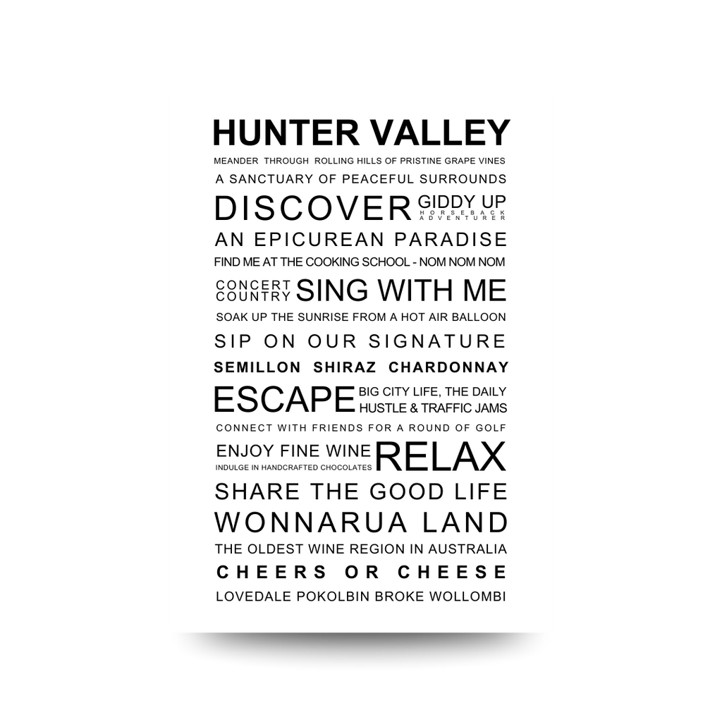 Text-based promotional graphic for Hunter Valley wine region on a white background