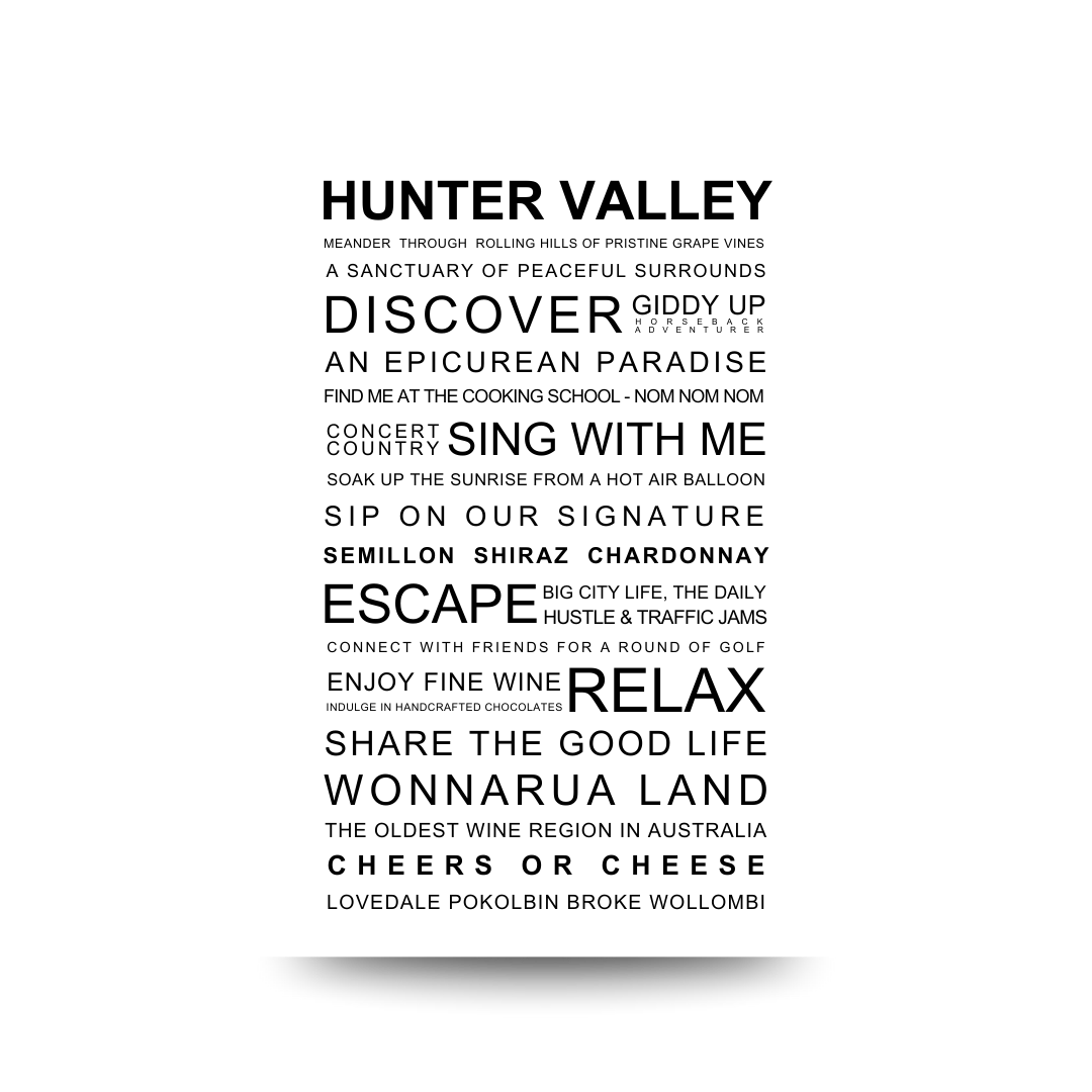 Text-based promotional graphic for Hunter Valley wine region on a white background