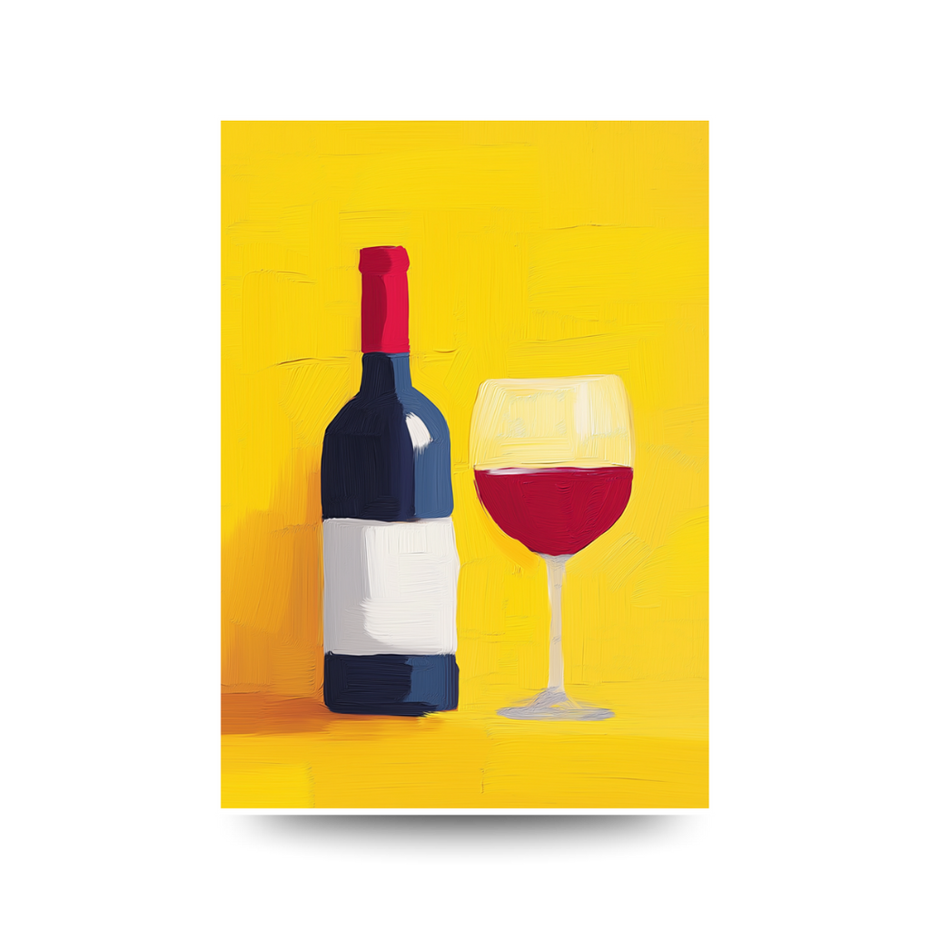 Painting of a wine bottle and glass on a yellow background