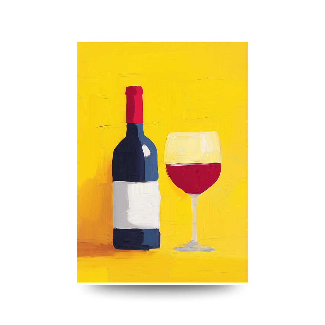 Painting of a wine bottle and glass on a yellow background