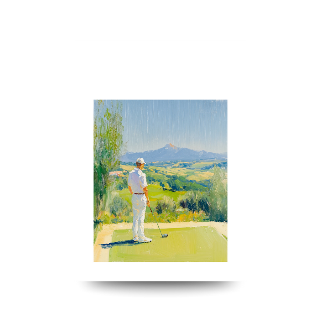 Golf player on a golf course with mountains in the background