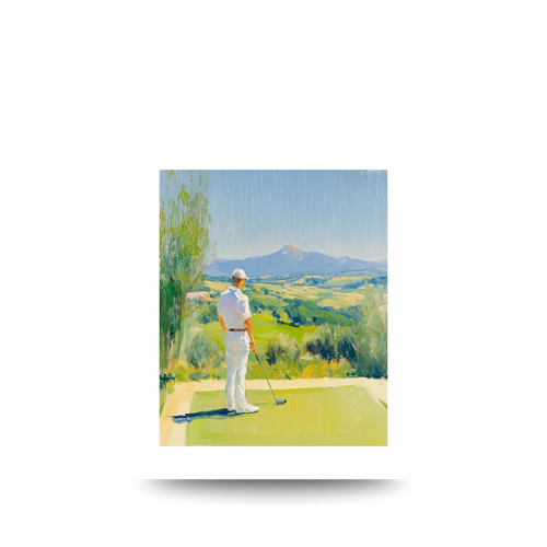 Golf player on a golf course with mountains in the background