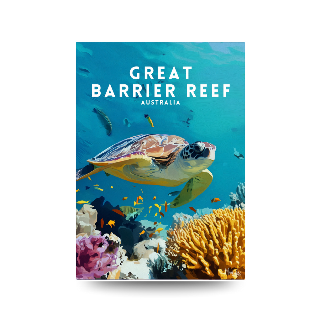 Poster of 'Great Barrier Reef, Australia' with a turtle and coral on a blue background.