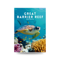 Poster of 'Great Barrier Reef, Australia' with a turtle and coral on a blue background.