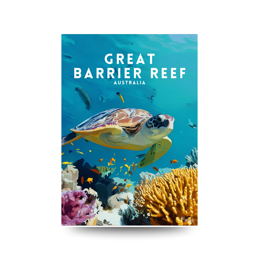 Poster of 'Great Barrier Reef, Australia' with a turtle and coral on a blue background.
