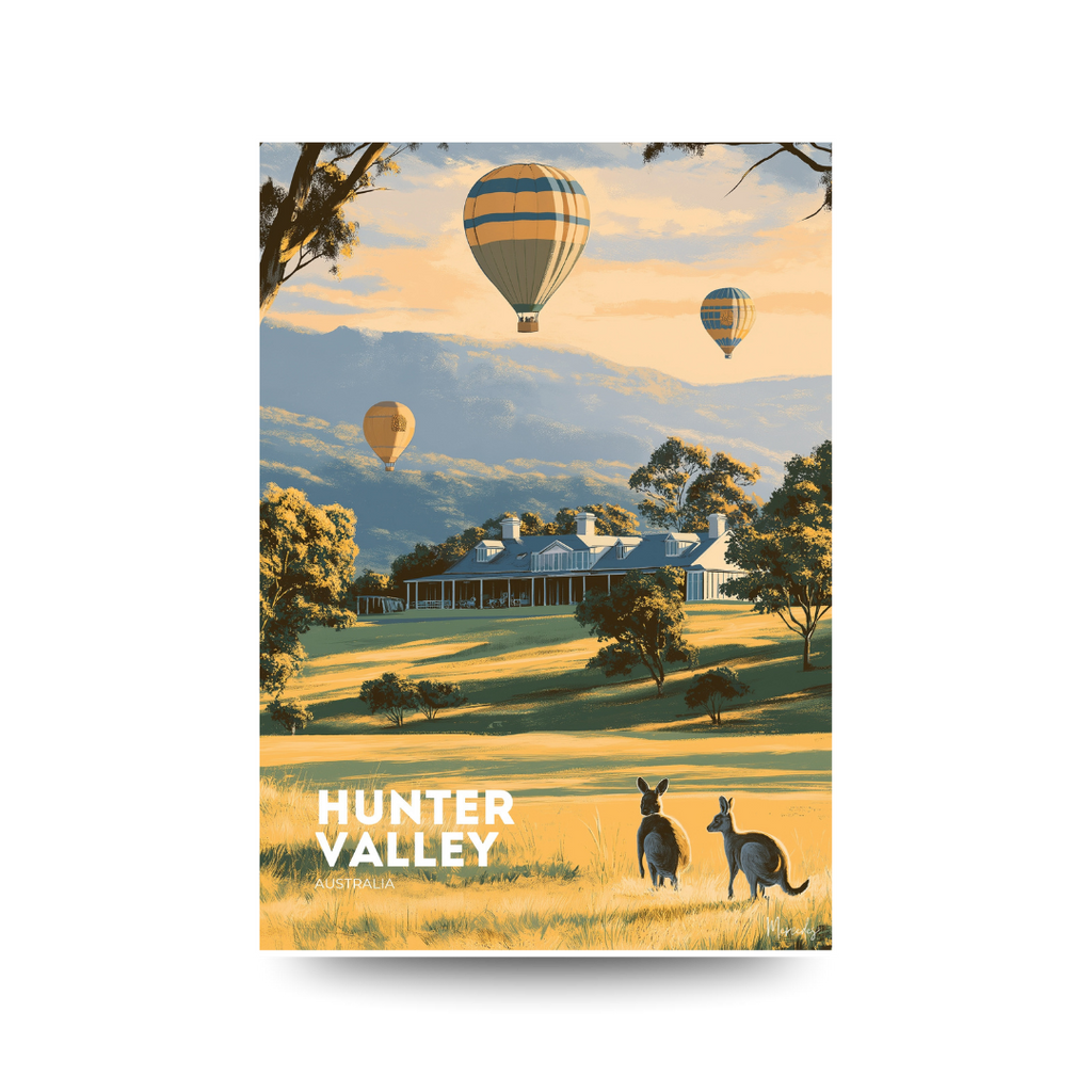 Poster of a homestead with kangaroos and hot air balloons.