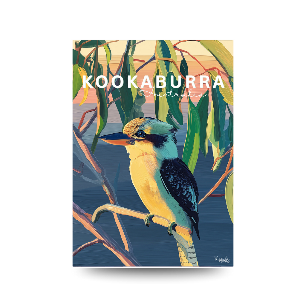 Poster of a Kookaburra bird with eucalyptus leaves on a white background