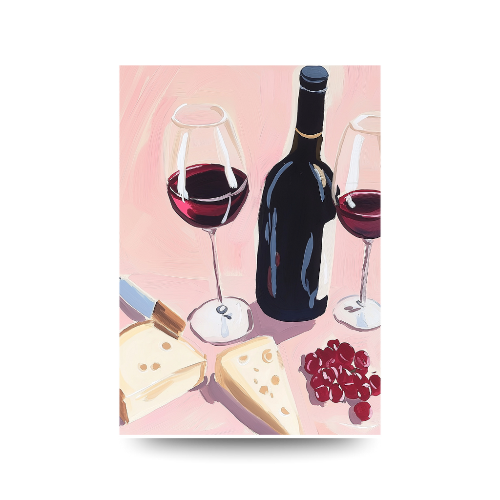 Illustration of a bottle of red wine, two glasses, cheese, and pomegranate seeds on a pink background