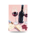 Illustration of a bottle of red wine, two glasses, cheese, and pomegranate seeds on a pink background