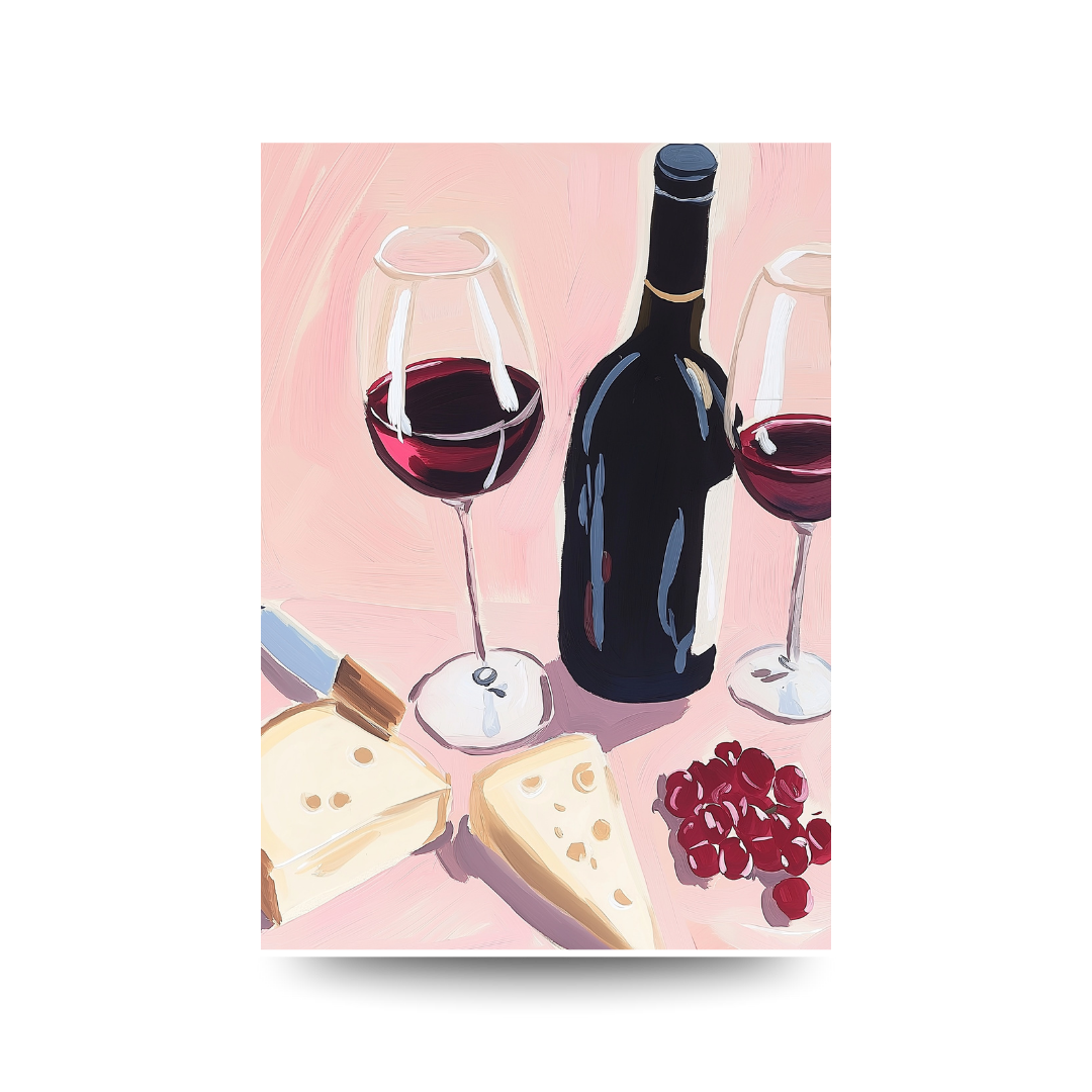 Illustration of a bottle of red wine, two glasses, cheese, and pomegranate seeds on a pink background