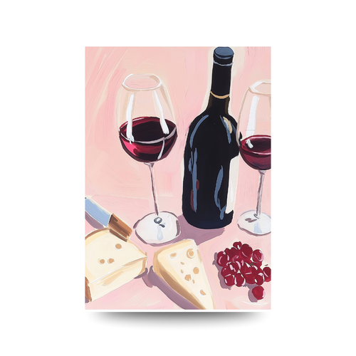 Illustration of a bottle of red wine, two glasses, cheese, and pomegranate seeds on a pink background