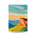 Illustrated print of a bold, colourful clifftop landscape at sunset with sweeping valley views, in vivid teal, yellow, orange and green tones.