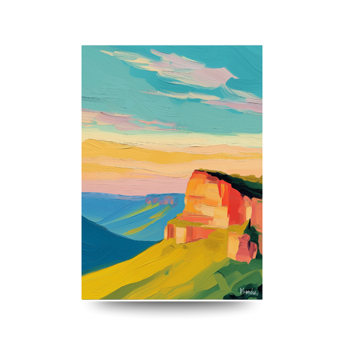 Illustrated print of a bold, colourful clifftop landscape at sunset with sweeping valley views, in vivid teal, yellow, orange and green tones.