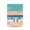 Illustrated travel poster of two surfers carrying boards at the water's edge with breaking waves and a pastel sunset sky, text reads "MANLY AUSTRALIA".