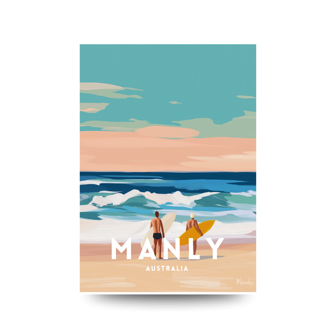 Illustrated travel poster of two surfers carrying boards at the water's edge with breaking waves and a pastel sunset sky, text reads "MANLY AUSTRALIA".